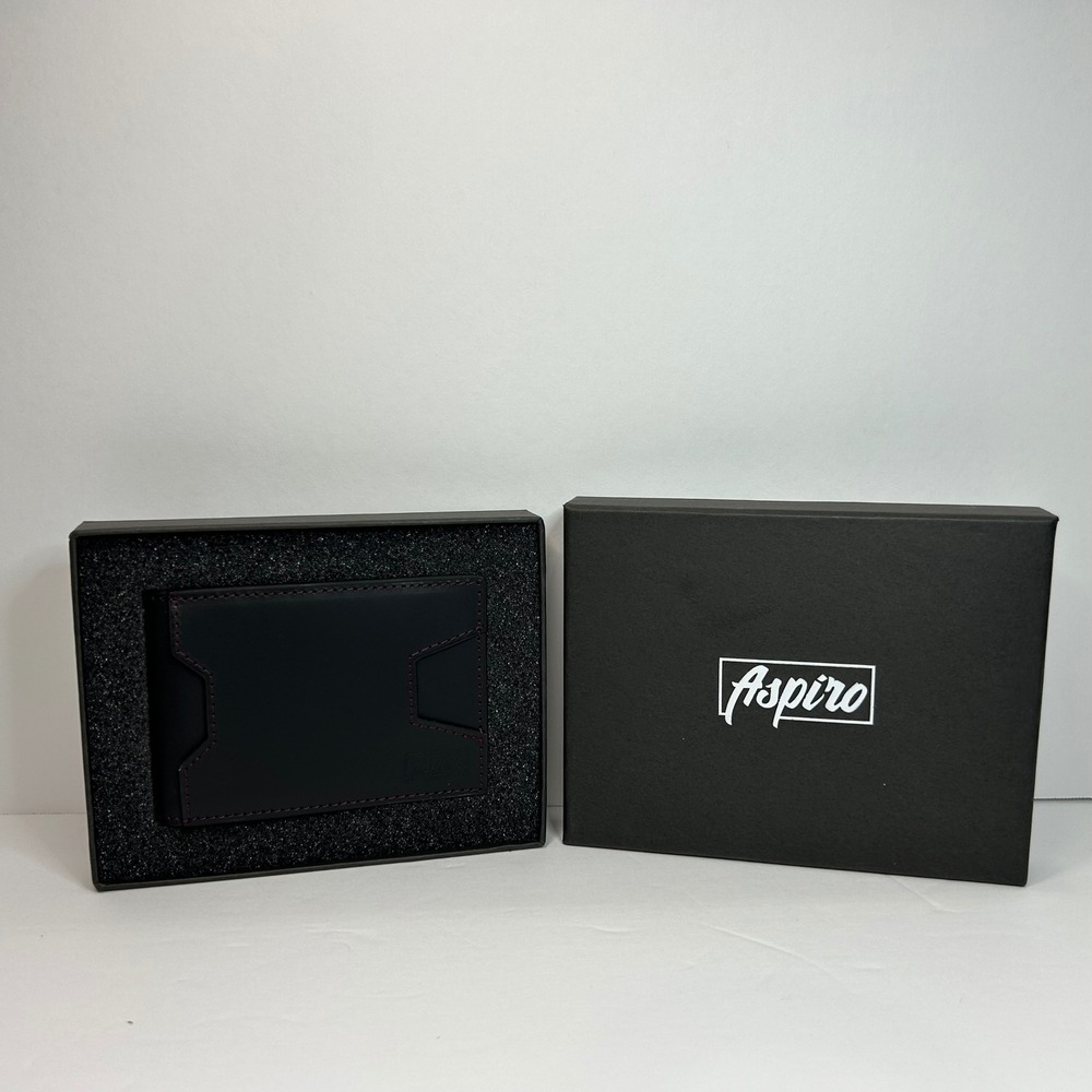 Aspiro Mens Black Leather Bifold Wallet Burgundy Stitching Metal Money Clip Box